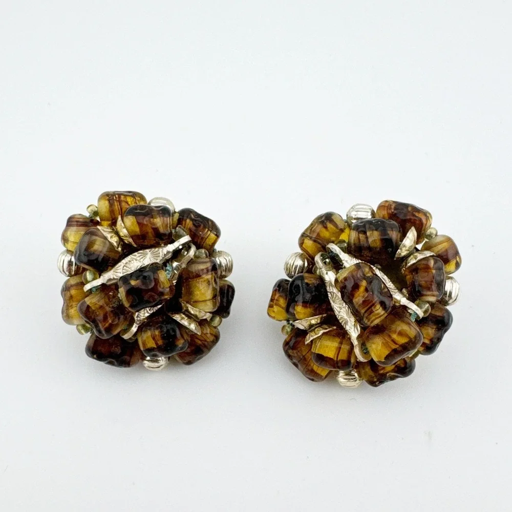 Vintage‎ Japan Brown Glass Bead Cluster Clip On Earrings